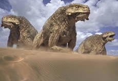 These recreations of extinct reptilian herbivores from the documentary 'Walking with Monsters' look similar to the creatures in some reports of landbound draconic cryptids. This screenshot is copyrighted by those who own the copyright to the film.