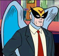 Harvey Birdman, Attorney at Law, an animated character who is a superhero and a lawyer. This screenshot is copyrighted by those who own the copyright to the TV series.