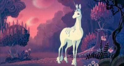 Unicorns are commonly depicted as one-horned creatures similar to both horses and antelopes, as in the film version of 'The Last Unicorn' by Peter Beagle. This screenshot is copyrighted by those who own the copyright to the film.